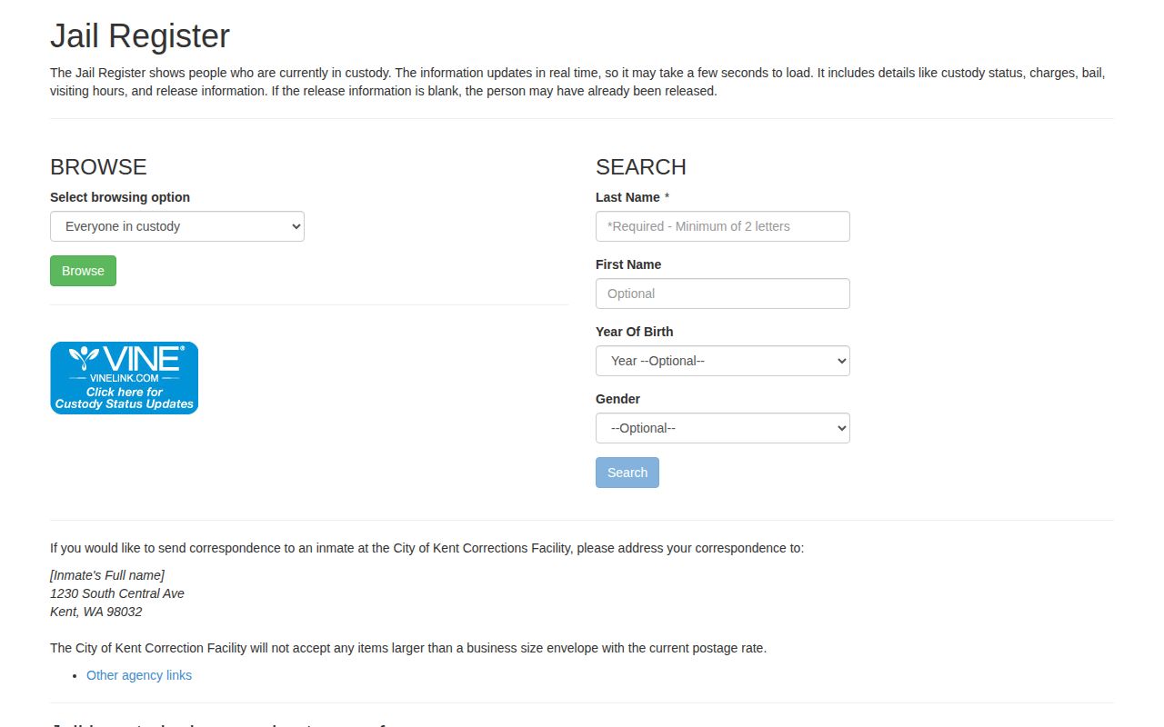 Kent Corrections Facility JILS custody and booking lookup form