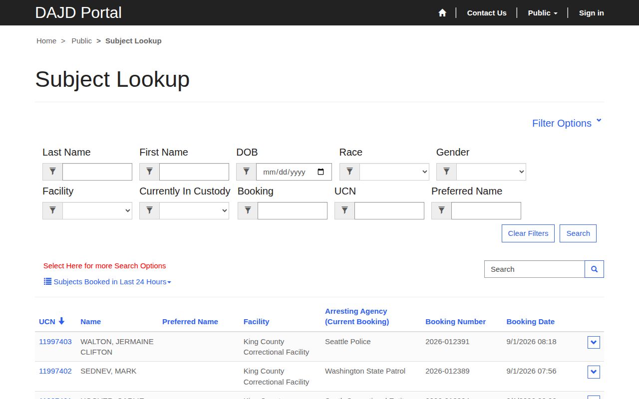 King County DAJD adult custody booking record lookup form
