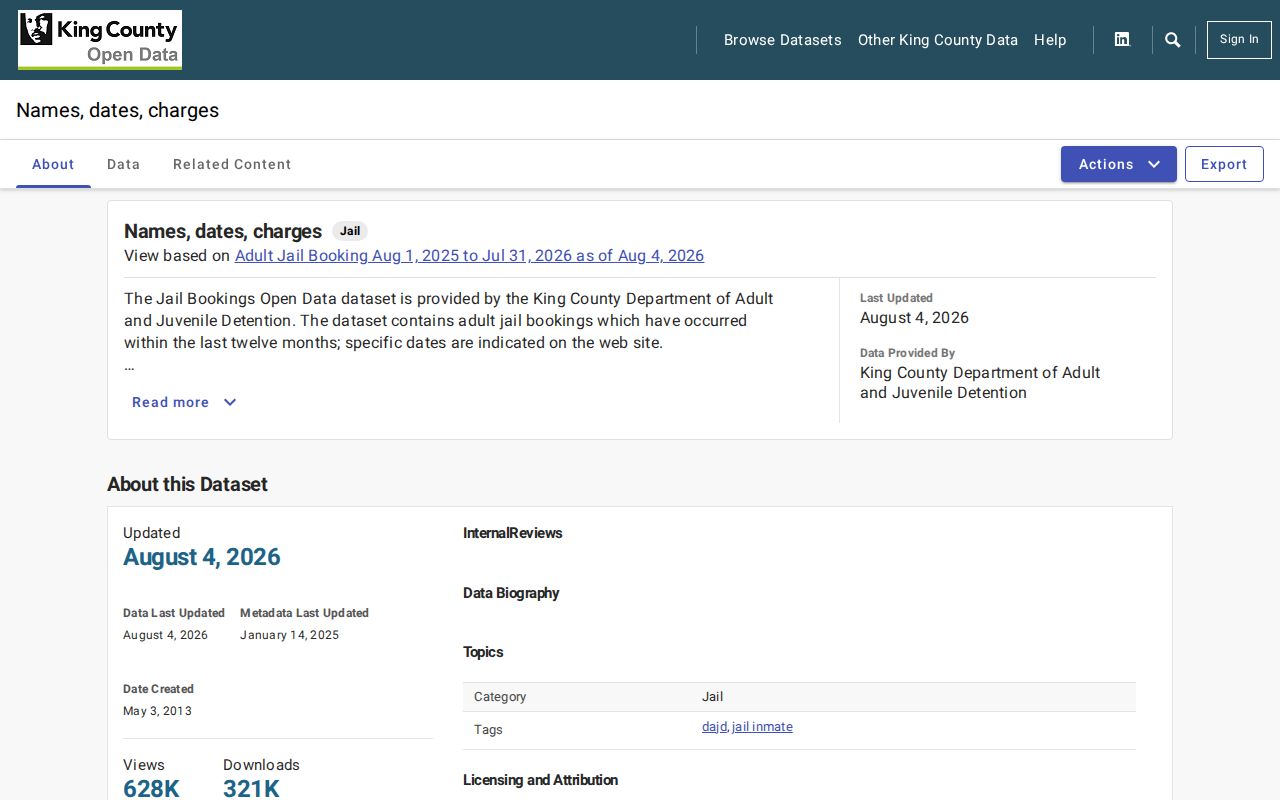 King County booking record data view for recent adult bookings