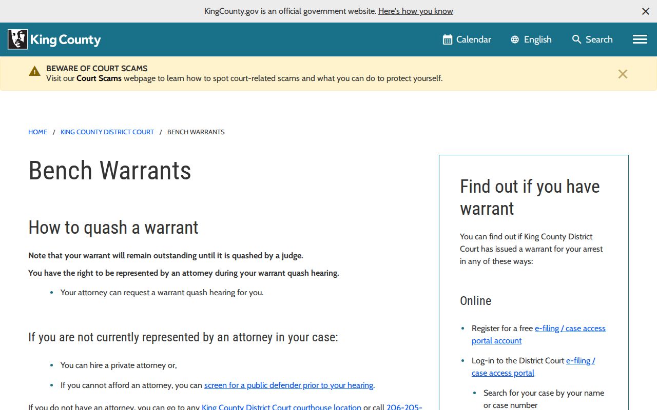 King County District Court warrant check instructions