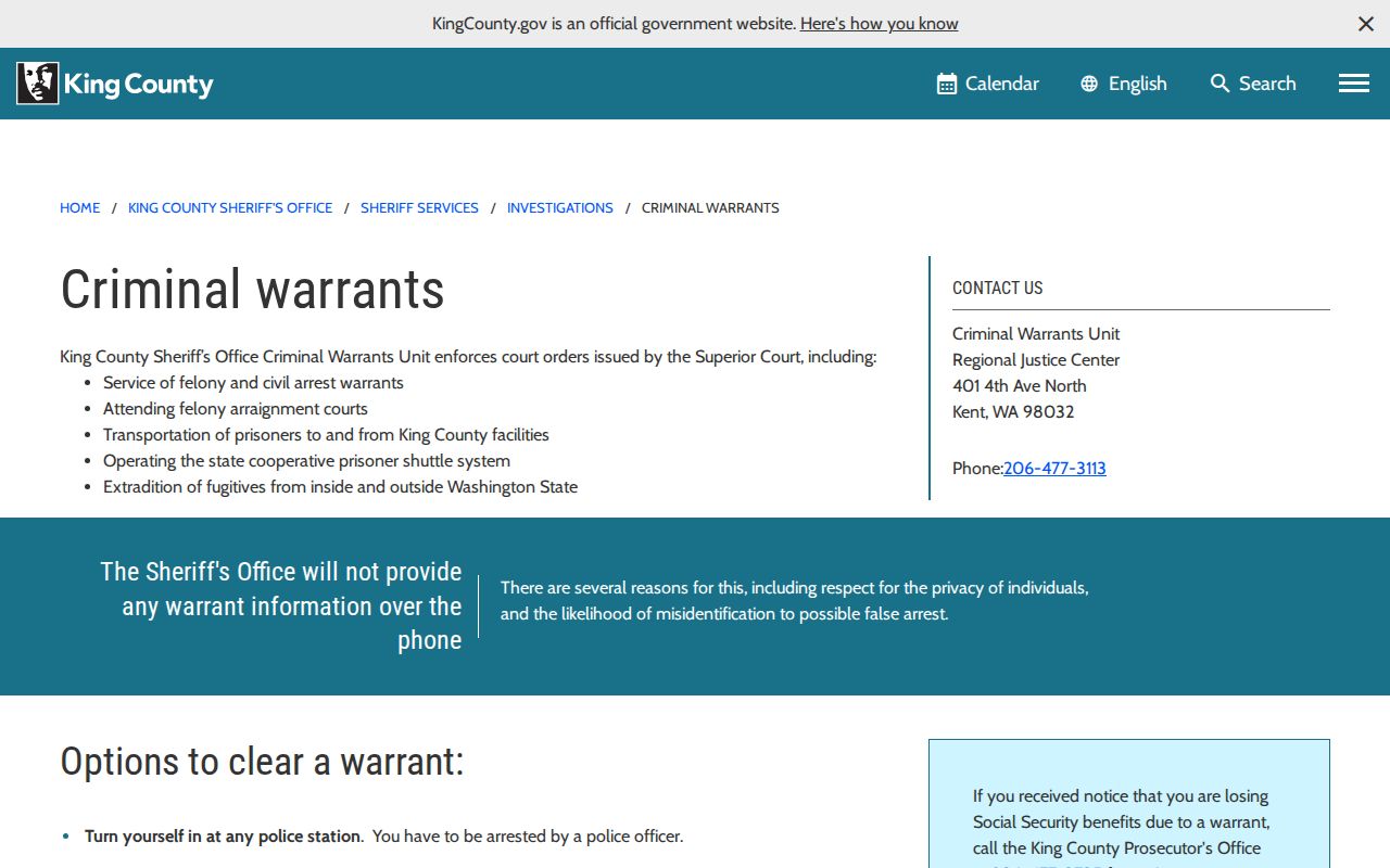 King County Sheriff warrant records and tip information page