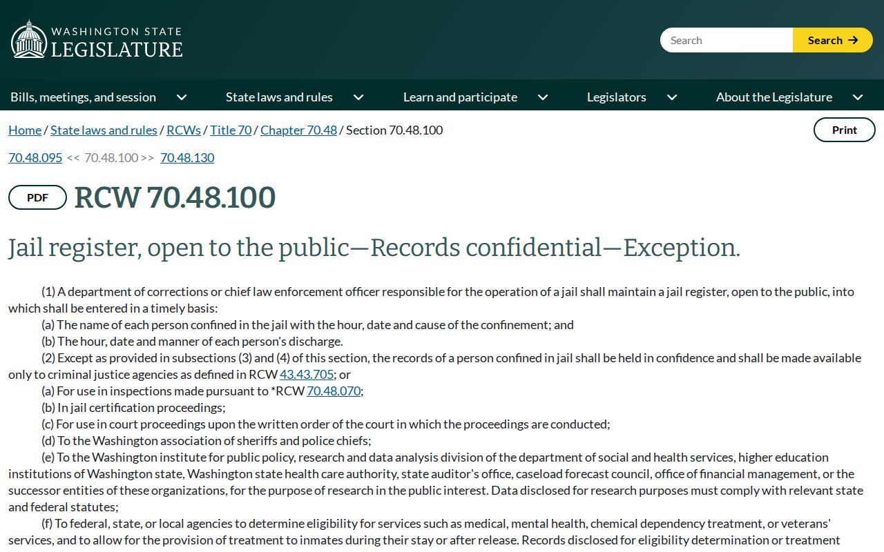 King County booking record law under Washington RCW 70.48.100